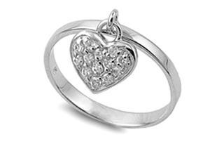 Sterling Silver Ring with Cubic Zirconia Pave Covered Dangling Heart Charm, Size 5 Sterling Silver Ring with Cubic Zirconia Pave Covered Dangling Heart Charm, Size 5