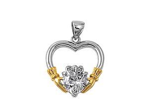 Sterling Silver Heart Pendant, Cubic Zirconia, Claddagh Gold Plated Hand,18" Sterling Silver Heart Pendant, Cubic Zirconia, Claddagh Gold Plated Hand,18"