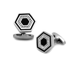 Hexagon Stainless Steel and Black Cufflinks with Top Grade Crystal Clear Stones