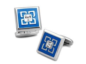 Square Stainless Steel Blue Enamel Cufflinks, Top Grade Crystal Clear Stone Square Stainless Steel Blue Enamel Cufflinks, Top Grade Crystal Clear Stone
