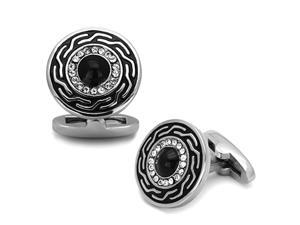 Round Stainless Steel and Black Cufflinks with Top Grade Crystal Clear Stones Round Stainless Steel and Black Cufflinks with Top Grade Crystal Clear Stones