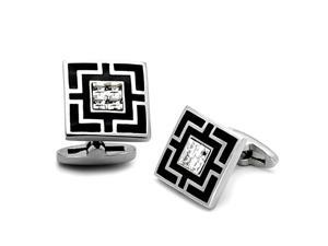 Square Stainless Steel and Black Cufflinks with Top Grade Crystal Clear Stones