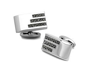 Rectangle Stainless Steel Silver Tone Cufflinks w/Black Diamond Crystal Accents