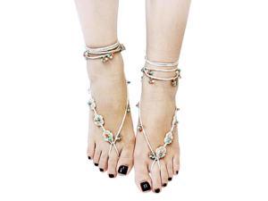 Ivory Bohemian Floral Crochet Toe Anklet Set Summer Beach Sandal Soleless Shoe w/Turquoise Beads Ivory Bohemian Floral Crochet Toe Anklet Set Summer Beach Sandal Soleless Shoe w/Turquoise Beads