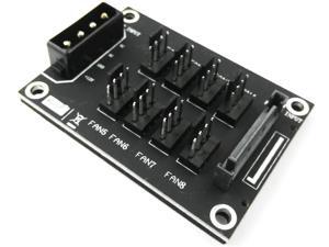 4-Pin or SATA 15-Pin to 8X 4-Pin Fan Splitter Hub, Power from One 4-Pin Molex or SATA 15-Pin Connector 4-Pin or SATA 15-Pin to 8X 4-Pin Fan Splitter Hub, Power from One 4-Pin Molex or SATA 15-Pin Connector