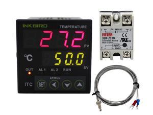 Inkbird Universal Digital PID Temperature Controller Intelligent Thermostat SSR Output + Relay Alarm ITC-100,100 - 240V + 25DA Solid State Relay + Black Heat Sink + K Sensor Probe
