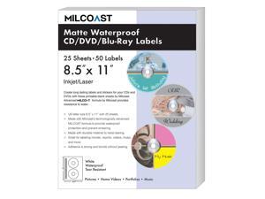 Milcoast Matte Waterproof Tear Resistant White Blank DIY Adhesive CD / DVD / Blu-ray Disc Labels - For Laser/Inkjet Printers - 50 Label Sets (25 Sheets) Milcoast Matte Waterproof Tear Resistant White Blank DIY Adhesive CD / DVD / Blu-ray Disc Labels - For Laser/Inkjet Printers - 50 Label Sets (25 Sheets)