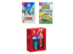 Nintendo Switch OLED Model w Neon Red  Neon Blue JoyCon with The Legend of Zelda Skyward Sword HD and Animal Crossing New Horizons
