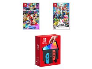 Nintendo Switch OLED Model w Neon Red  Neon Blue JoyCon with Super Smash Bros Ultimate and Mario Kart 8 Deluxe