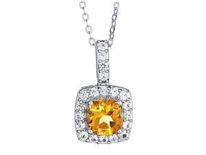 Genuine 1.00 Carat 7mm Created Cushion Shaped Citrine with White Sapphire Necklace In 925 Sterling Silver. Genuine 1.00 Carat 7mm Created Cushion Shaped Citrine with White Sapphire Necklace In 925 Sterling Silver.