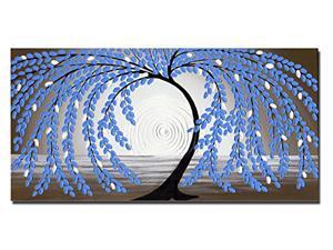 Wieco Art - Blue leaves - Huge Size Modern Stretched and Framed Flowers Artwork 100% Hand-painted Floral Oil Paintings on Canvas Wall Art for Home Decorations Wall Decor