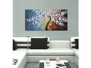 Wieco Art - Blooming life 100% Hand-painted Oil Painting, Stretched and Framed Modern Canvas Wall Art for Home Decor Floral Oil Paintings on Canvas Art 24 by 48 inch