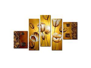 Wieco Art - Modern 100% Hand Painted Canvas painting Art Work for Wall Decor Home Decoration, Stretched and Framed Painting Artwork, Charming Tulips On The Gold - 5 Panels Abstract Flower Oil Painting