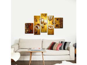 Wieco Art - Charming Tulips On The Gold - 5 Panels Modern Decorative Stretched and Framed Artwork Contemporary Abstract Flower Oil Paintings on Canvas Wall Art for Home Decorations Wall Decor I