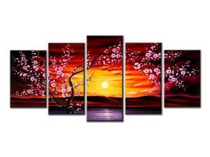 Wieco Art - Plum Tree Blossom - 5 Panels Canvas Print Stretched and Framed Canvas Wall Art for Wall Decoration and Home Decoration Modern Canvas Art P5RFL015_f1