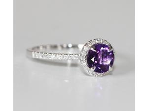 VS 6.5mm Dark Purple Amethyst and Diamonds 14k White Gold Halo Engagement Ring