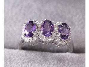 5x7mm Dark Purple Amethyst 3 Stones 14kt White Gold .32ct Diamonds Wedding Ring