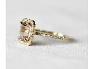 Wedding Ring Emerald Cut Halo Morganite 6*8mm Diamond Claw Prongs 14K Yellow Gold