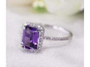 6x8mm Emerald Cut Amethyst 14kt White Gold Pave .29ct Diamonds Engagement Ring