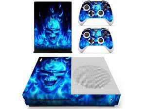 UUShop Protective Vinyl Skin Stickers for Microsoft Xbox One S with Two Free Wireless Controller Decals Blue Flame Skull
