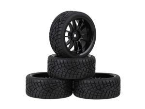 4x RC 1:10 On-Road Car Smooth Rubber Tyre & Black Plastic Wheel Rims with Screws