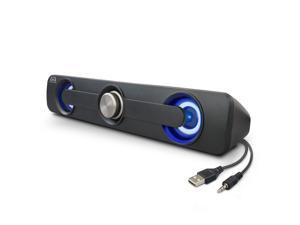Desktop Compact USB Powered Wired Multimedia Mini Stereo Sound Bar 3.5mm Audio Jack Blue LED 2.5 Watts