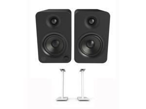 Kanto YU4MB 140W Bookshelf Speakers with Bluetooth - Matte Black (Pair) with Kanto SP26PLW 26" Fixed-Height Stands for Bookshelf Speakers - White (Pair) (2022)