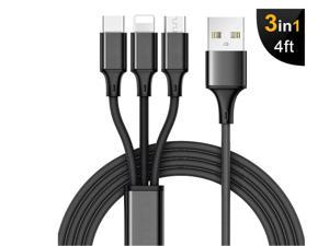 Black USB Multi Cable, 4FT 3 in 1 Charging Cable with Micro / Lightning / Type C Connector, Nylon Braided Multiple Charger Cord for Samsung Note8 S8, iPhone X 8 7, iPad and More Android Devices