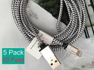5PK 10ft (3m) Woven USB Charging Data Sync Cable for iPhone 12,12 pro, 12 max pro 6 6s 7 plus 5 5s, iPad mini, iPad mini 2, iPad Air Charger Cable Strong Nylon Cord with Metal Head White