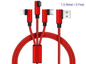 USB Type C Cable, 3in1 USB Charging Cord with Lightning/Micro USB/Type C Adapters, Nylon Braided Right Angle Elbow Cord for iPhone iPad Mini Air, Samsung Huawei Android & Type C Devices (5ft/1.5m Red)