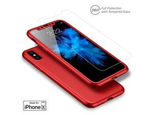 Indigi Apple iPhone X 10 Tempered Glass Screen 360 Full Body Protective Case Cover Red