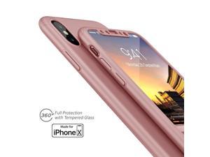Indigi Rose Gold 360 Full Protective Case Hard PC Cover w Tempered Glass For iPhone X