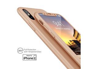 Indigi Gold 360 Full Protective Case Hard PC Cover w Tempered Glass For iPhone X