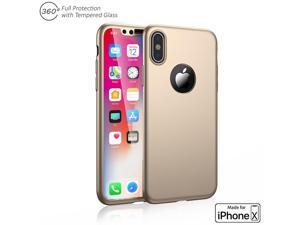 Indigi 360 Full Body Protective Case Cover Gold  Tempered Glass For Apple iPhone X