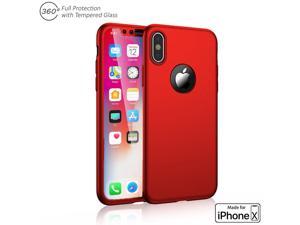 Indigi 360 Full Body Protective Case Cover Red  Tempered Glass For Apple iPhone X