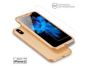 Indigi Apple iPhone X 10 Tempered Glass Screen 360 Full Body Protective Case Cover Gold