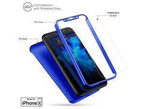 Indigi iPhone X 360 Full Body Protective Case Ultrathin Cover  Tempered Glass Blue