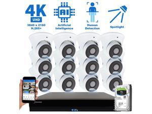 GW Security 16 Channel 15 Smart AI Functions Ultra HD 4K (8MP) Video & Audio Spotlight Color Night Vision Turret PoE IP Security Camera System (12 Cameras)