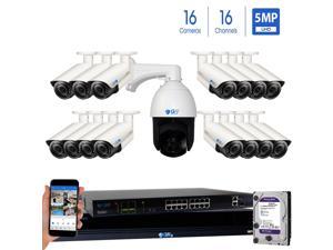 GW Security 16 Channel HD 1920p H.265 Security System with 8TB HDD, (15)* PoE 5MP HD 1920p 2.8-12mm Varifocal Weather Proof IP Cameras, and (1)* 20x Zoom 5MP HD 1920p IP PTZ (Pan-Tilt-Zoom) Camera