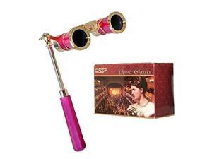 HQRP Opera Glasses Rose / Pink-pearl with Gold Trim w/ Crystal Clear Optic (CCO), Reading Light, Extendable Handle