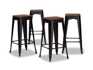 Baxton Studio Horton Modern and Contemporary Black Metal and Walnut Brown Finished Wood 4-Piece Bar Stool Set