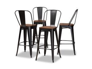 Baxton Studio Rosetta Modern Industrial Black Metal and Walnut Brown Finished Wood 4-Piece Bar Stool Set