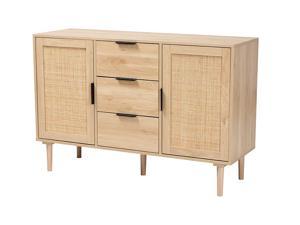 Baxton Studio Harrison Mid-Century Modern Natural Brown Finished Wood and Natural Rattan 3-Drawer Sideboard