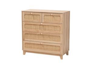 Baxton Studio Elsbeth Mid-Century Modern Oak Brown Finished Wood and Natural Rattan 5-Drawer Storage Cabinet