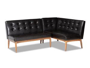 Baxton Studio Arvid Mid-Century Modern Dark Brown Faux Leather Upholstered 2-Piece Wood Dining Corner Sofa Bench