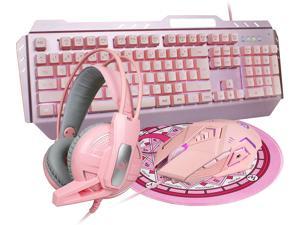 Orzly Pink Gaming Keyboard and Mouse Headset Headphones and Mouse Pad, Wired LED RGB Backlight Bundle Pink PC Accessories for Gamers and Xbox and PS4