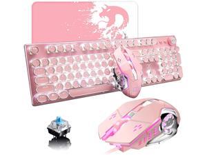 Gaming Keyboard and Mouse,Retro Steampunk Vintage Typewriter-Style Mechanical Keyboard with White LED Backlit,104-Key Anti-Ghosting Blue Switch Wired USB Metal Panel Round Keycaps(Pink) Gaming Keyboard and Mouse,Retro Steampunk Vintage Typewriter-Style Mechanical Keyboard with White LED Backlit,104-Key Anti-Ghosting Blue Switch Wired USB Metal Panel Round Keycaps(Pink)