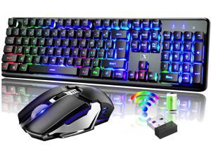 Rechargeable Keyboard and Mouse Suspended Keycap Mechanical Feel Backlit Gaming Keyboard Mice Combo Wireless 2.4G Drive Free Adjustable Breathing Lamp Anti-ghosting 4800 mAh Battery for Laptop Pc Mac