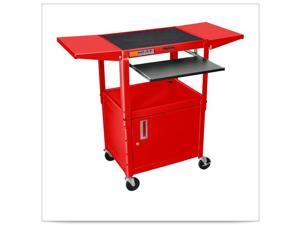 Red 24W X 18D X 24 42H Steel Adjustable Height AV Cart  with Cabinet and Pullout Tray and Drop Leaf