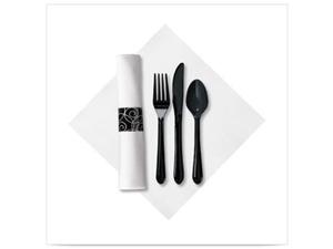 17 x 17 LINEN LIKE CaterWrap Silver Swirl Prerolled White Dinner Napkin and Heavyweight Black Cutlery bagged/Case of 100 17 x 17 LINEN LIKE CaterWrap Silver Swirl Prerolled White Dinner Napkin and Heavyweight Black Cutlery bagged/Case of 100